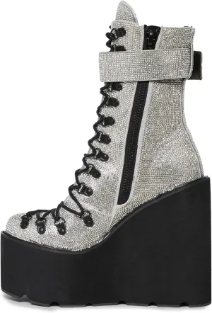 Dolls Kill Crystal Traitor Boots by Club Exx – Silver Rhinestone Studded Wedge Platform Boots with Lace-Up & Buckle Straps