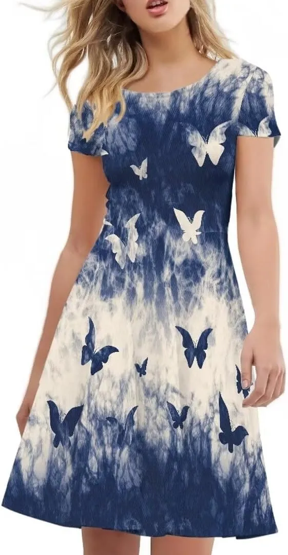 Dress for Women Shorts Sleeve Round Neck Colorful Pattern Printing Casual Loose Midi Dress