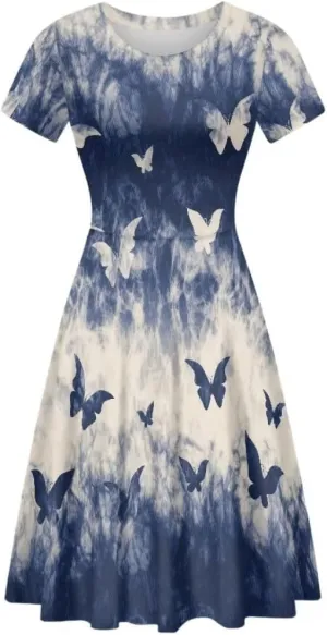 Dress for Women Shorts Sleeve Round Neck Colorful Pattern Printing Casual Loose Midi Dress