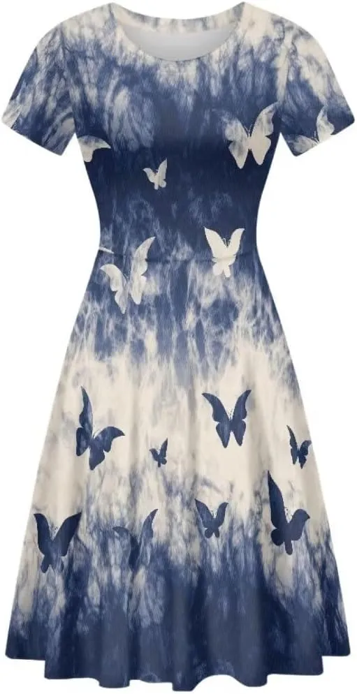 Dress for Women Shorts Sleeve Round Neck Colorful Pattern Printing Casual Loose Midi Dress