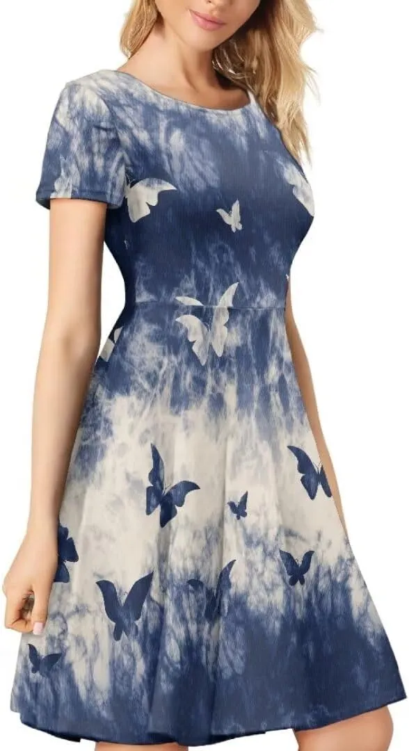 Dress for Women Shorts Sleeve Round Neck Colorful Pattern Printing Casual Loose Midi Dress