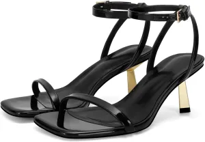 Dsevht Gold Strappy Heels for Women Kitten Heel Sandals Open Square Toe Stiletto High Heels with Ankle Strap Comfort Dress Party Shoes