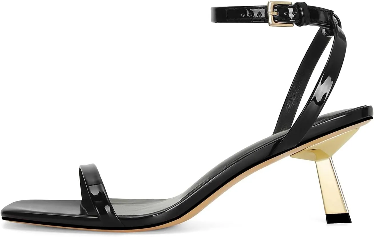 Dsevht Gold Strappy Heels for Women Kitten Heel Sandals Open Square Toe Stiletto High Heels with Ankle Strap Comfort Dress Party Shoes