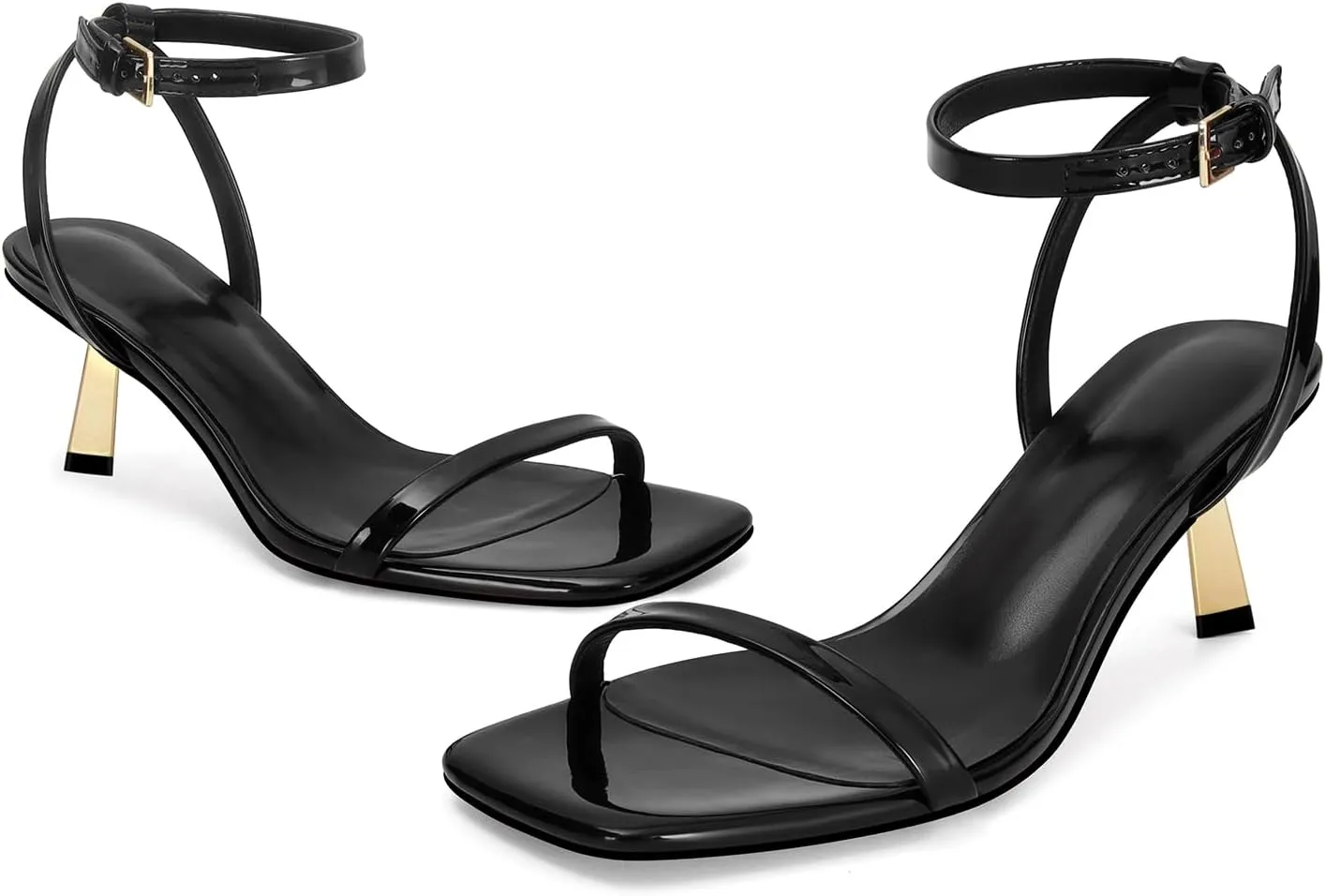 Dsevht Gold Strappy Heels for Women Kitten Heel Sandals Open Square Toe Stiletto High Heels with Ankle Strap Comfort Dress Party Shoes