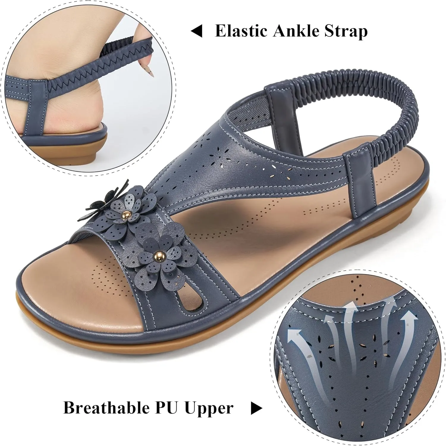 Ecetana Womens Sandals Dressy Summer Beach Casual Elastic Strap Slip on Flat Shoes with Memory Foam