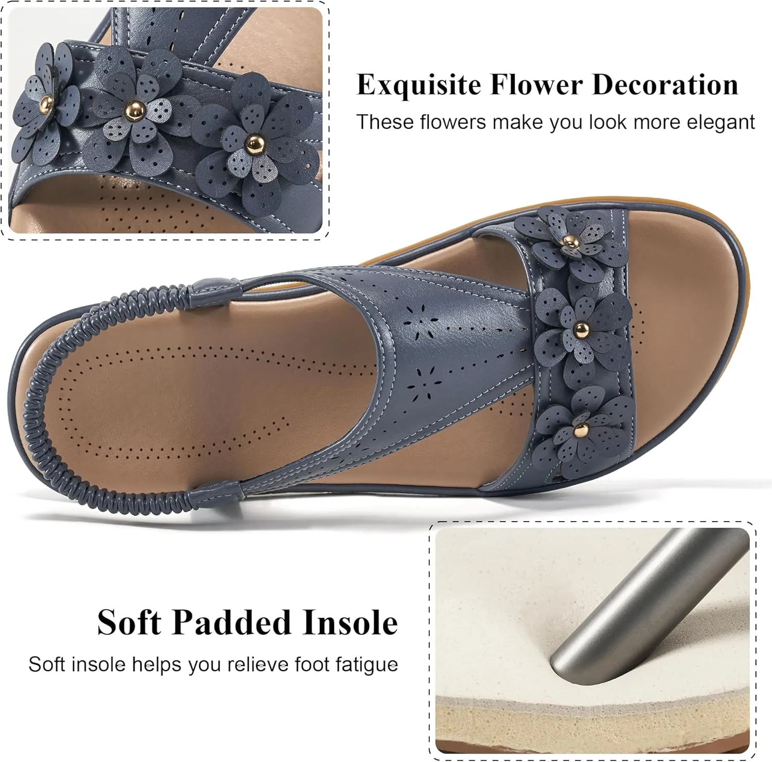Ecetana Womens Sandals Dressy Summer Beach Casual Elastic Strap Slip on Flat Shoes with Memory Foam