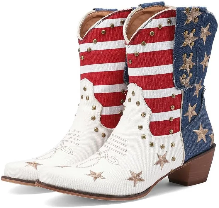 Embroidered Cowboy Western Jean Boots Women USA Flag Cowgirls Ankle Booties Comfy Dress Heeled Shoes Stars Stripes Studded Rivets Footwear for Cosplay Birthday Dance Mother’s Day