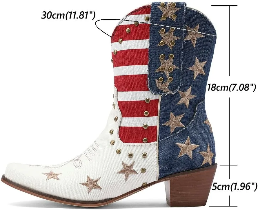 Embroidered Cowboy Western Jean Boots Women USA Flag Cowgirls Ankle Booties Comfy Dress Heeled Shoes Stars Stripes Studded Rivets Footwear for Cosplay Birthday Dance Mother’s Day