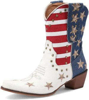 Embroidered Cowboy Western Jean Boots Women USA Flag Cowgirls Ankle Booties Comfy Dress Heeled Shoes Stars Stripes Studded Rivets Footwear for Cosplay Birthday Dance Mother’s Day