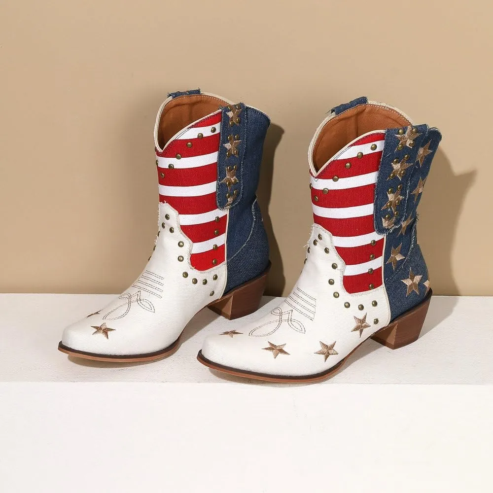 Embroidered Cowboy Western Jean Boots Women USA Flag Cowgirls Ankle Booties Comfy Dress Heeled Shoes Stars Stripes Studded Rivets Footwear for Cosplay Birthday Dance Mother’s Day