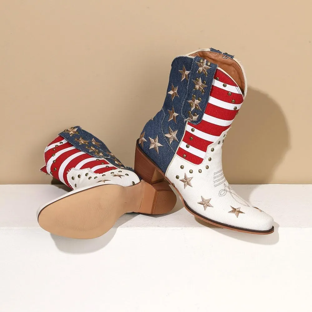 Embroidered Cowboy Western Jean Boots Women USA Flag Cowgirls Ankle Booties Comfy Dress Heeled Shoes Stars Stripes Studded Rivets Footwear for Cosplay Birthday Dance Mother’s Day