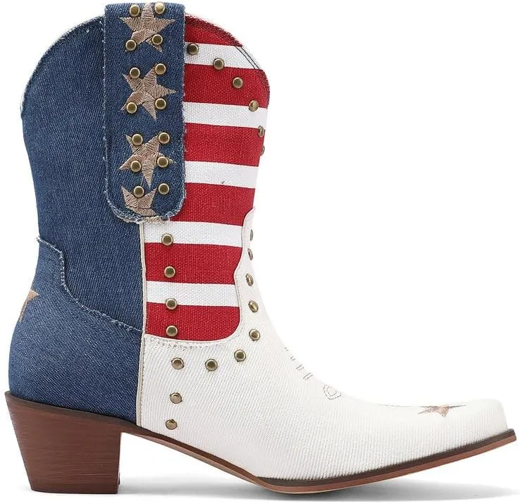 Embroidered Cowboy Western Jean Boots Women USA Flag Cowgirls Ankle Booties Comfy Dress Heeled Shoes Stars Stripes Studded Rivets Footwear for Cosplay Birthday Dance Mother’s Day