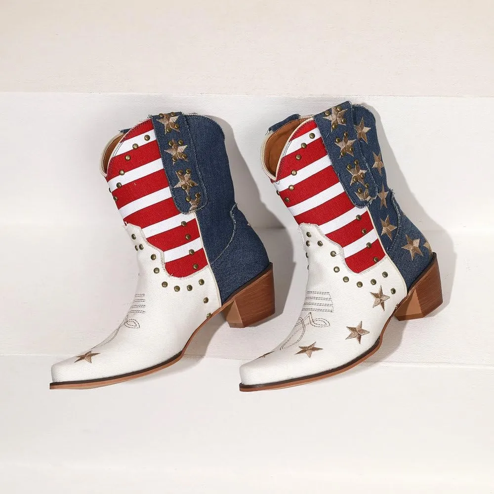 Embroidered Cowboy Western Jean Boots Women USA Flag Cowgirls Ankle Booties Comfy Dress Heeled Shoes Stars Stripes Studded Rivets Footwear for Cosplay Birthday Dance Mother’s Day