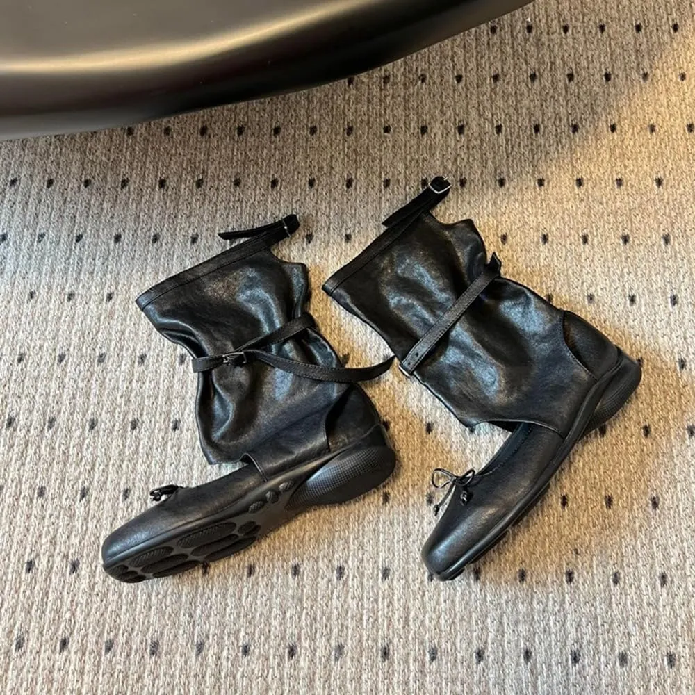 Emo Boots Goth Ballet Flats for Women Platform Emo Shoes Bow Decors Slip on Loafers Wide Width No Slip Chunky Sole Y2K Retro Punk Leather Straps Foldover Calf Boots Cute Ballerina Shoes Rave Party