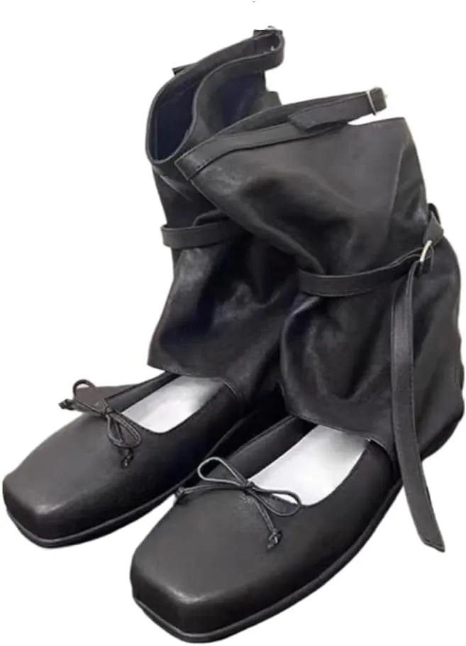 Emo Boots Goth Ballet Flats for Women Platform Emo Shoes Bow Decors Slip on Loafers Wide Width No Slip Chunky Sole Y2K Retro Punk Leather Straps Foldover Calf Boots Cute Ballerina Shoes Rave Party