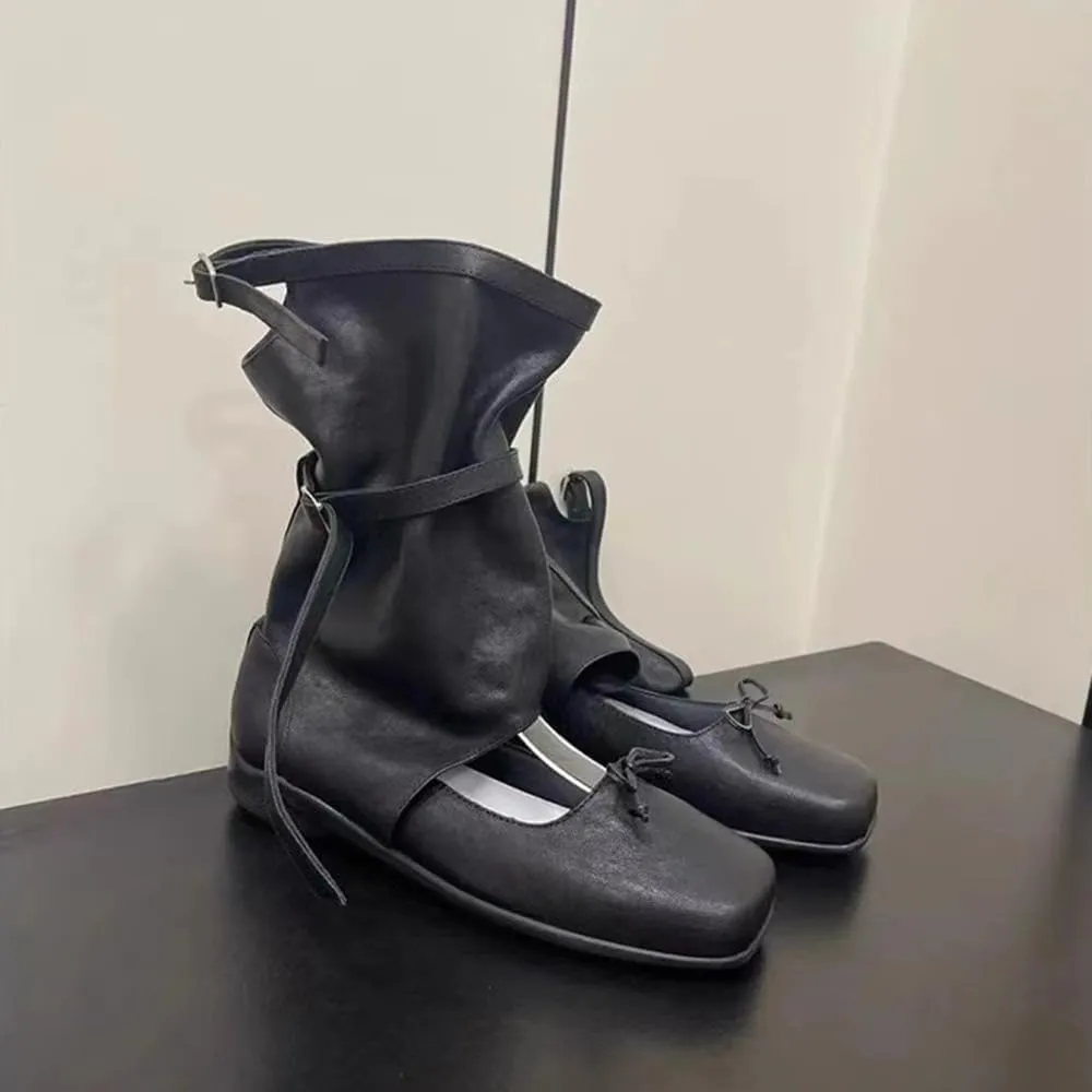 Emo Boots Goth Ballet Flats for Women Platform Emo Shoes Bow Decors Slip on Loafers Wide Width No Slip Chunky Sole Y2K Retro Punk Leather Straps Foldover Calf Boots Cute Ballerina Shoes Rave Party