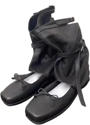 Emo Boots Goth Ballet Flats for Women Platform Emo Shoes Bow Decors Slip on Loafers Wide Width No Slip Chunky Sole Y2K Retro Punk Leather Straps Foldover Calf Boots Cute Ballerina Shoes Rave Party