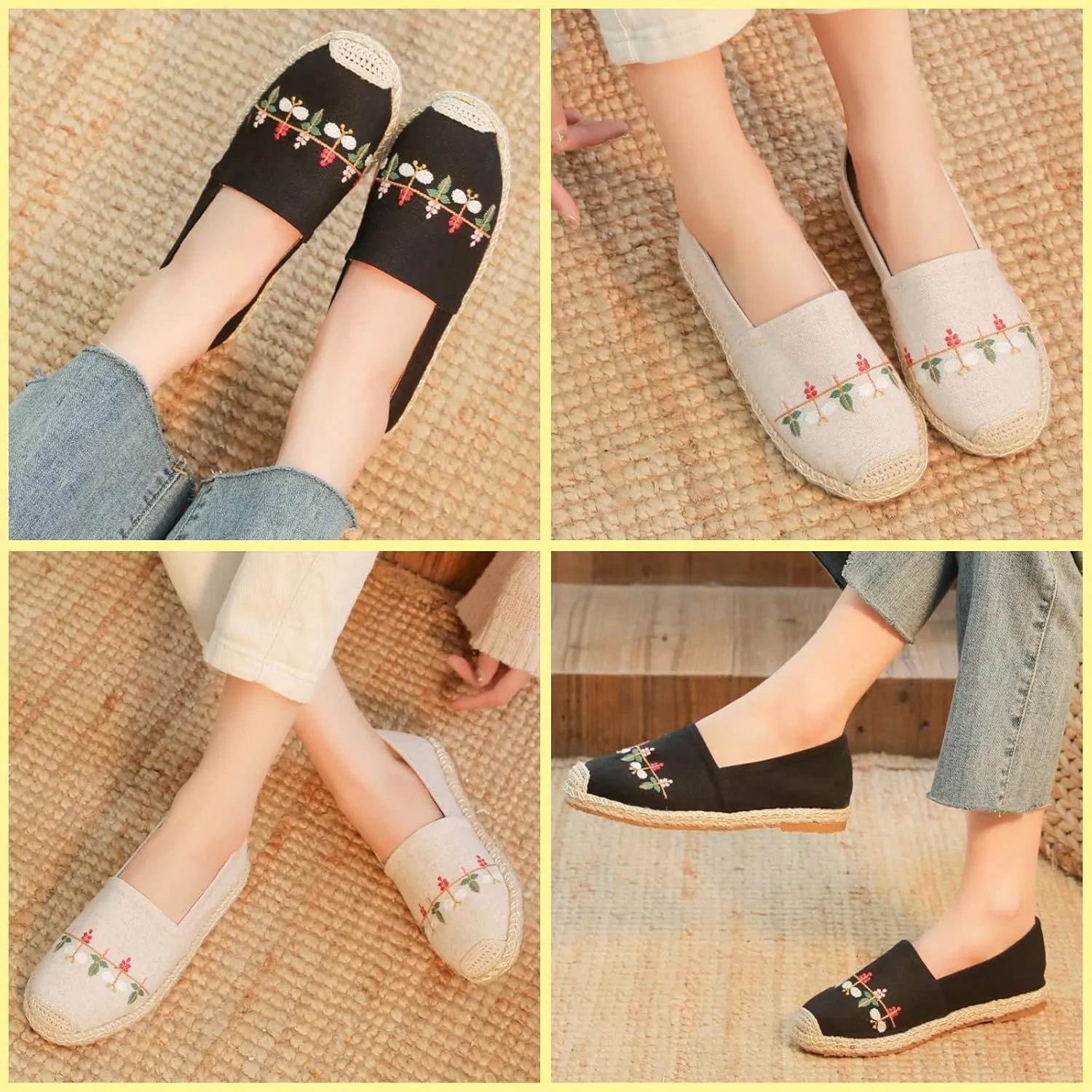 Espadrilles for Women Flat Slip on Loafers Simple Vintage House Shoes Floral Embroidered Breathable Linen Sneakers