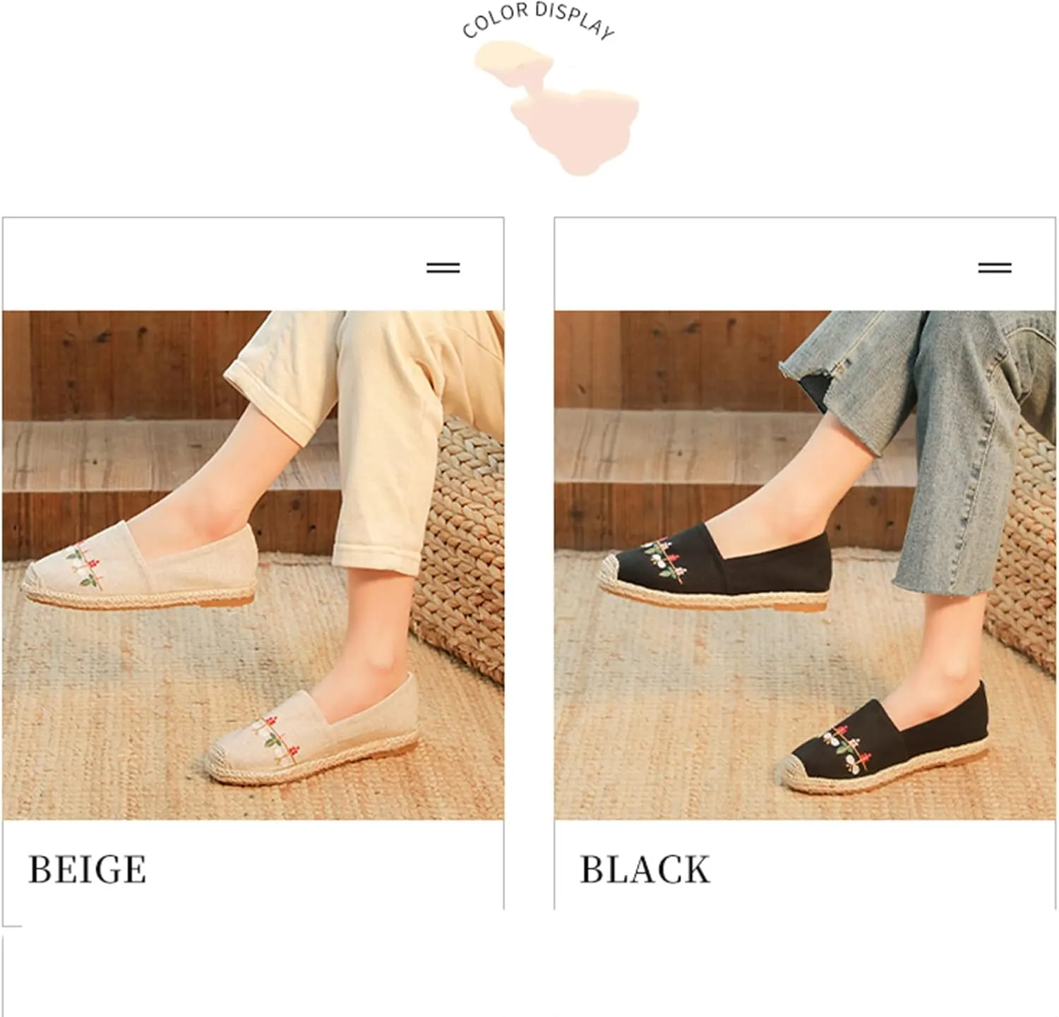 Espadrilles for Women Flat Slip on Loafers Simple Vintage House Shoes Floral Embroidered Breathable Linen Sneakers