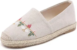 Espadrilles for Women Flat Slip on Loafers Simple Vintage House Shoes Floral Embroidered Breathable Linen Sneakers