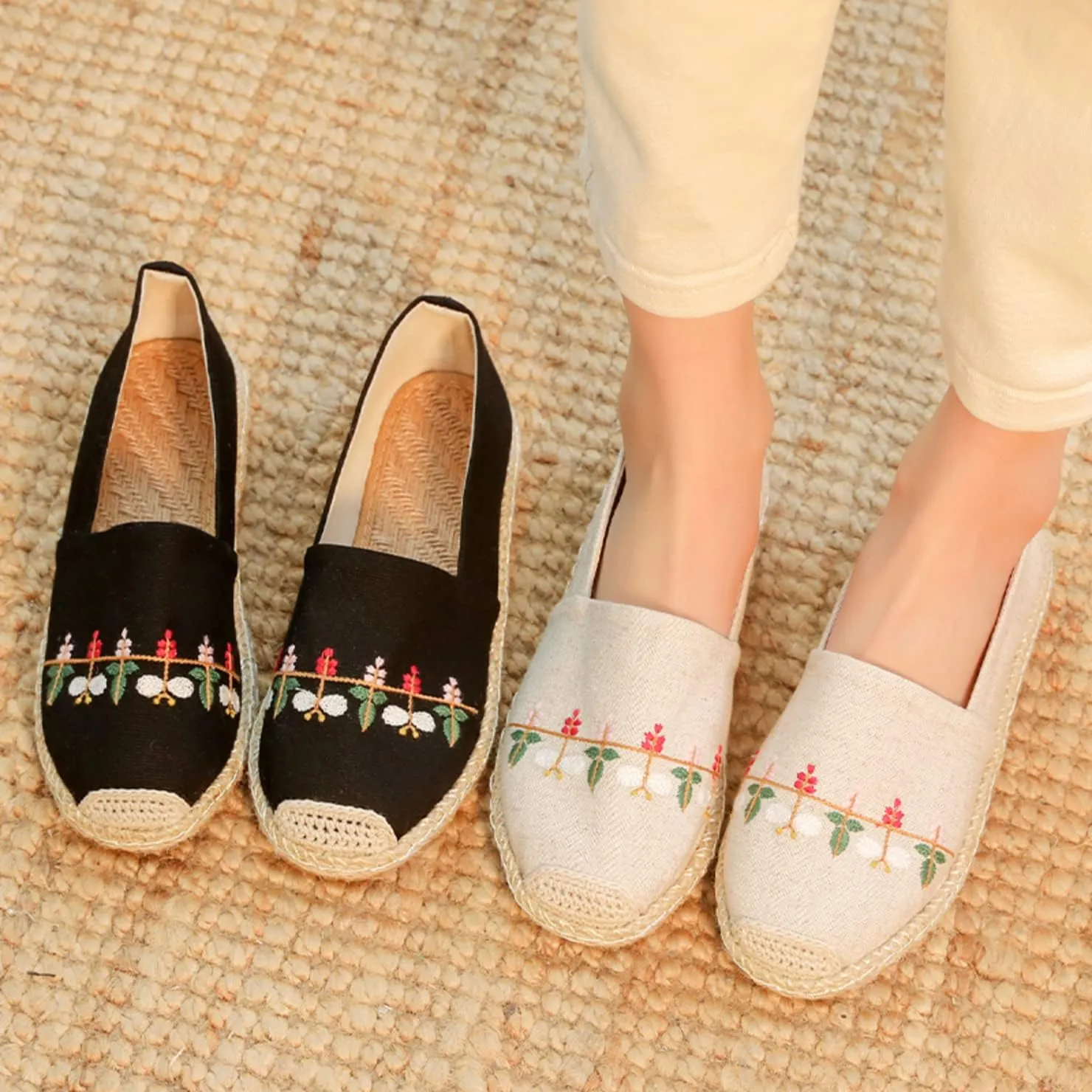 Espadrilles for Women Flat Slip on Loafers Simple Vintage House Shoes Floral Embroidered Breathable Linen Sneakers