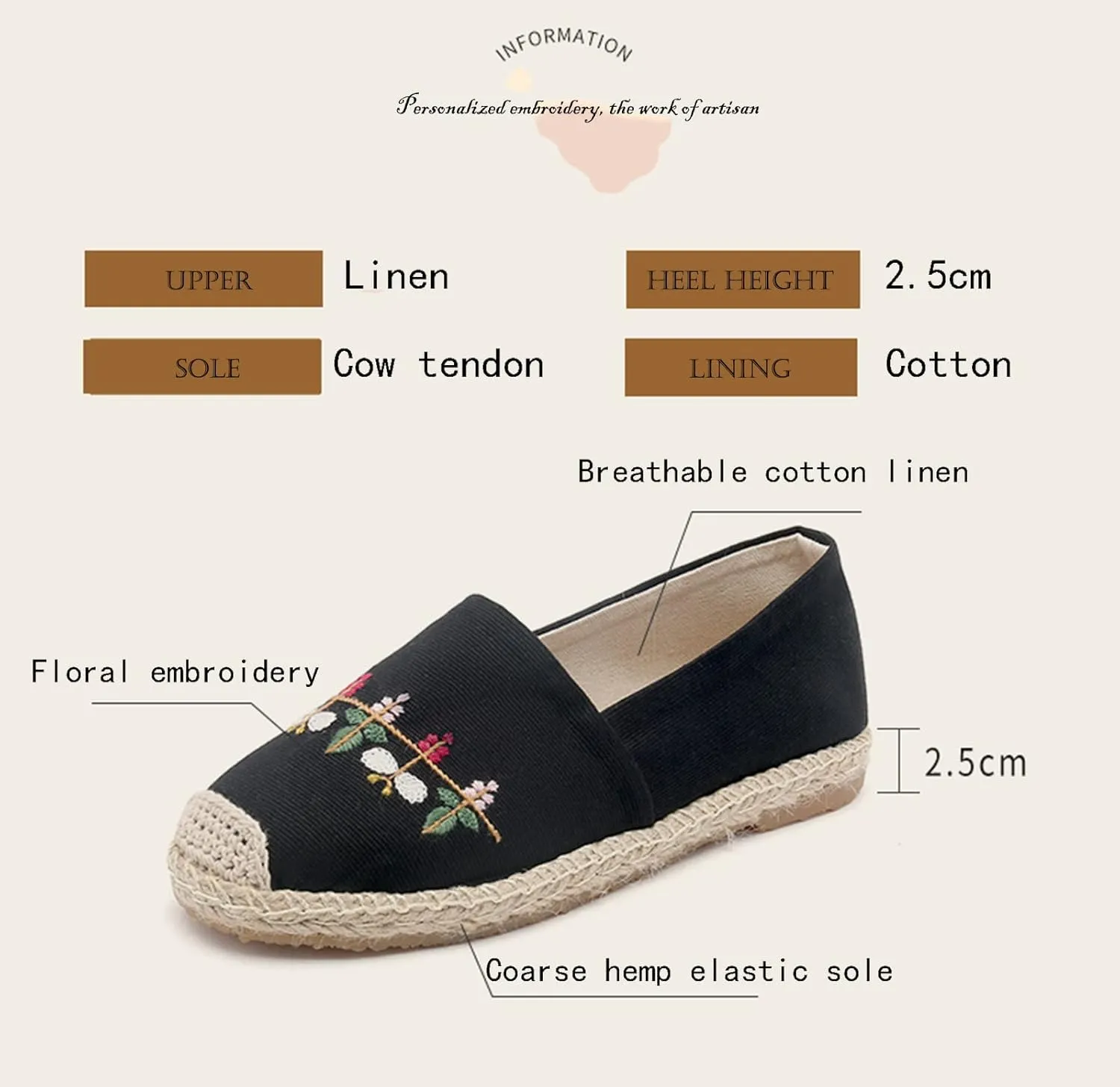 Espadrilles for Women Flat Slip on Loafers Simple Vintage House Shoes Floral Embroidered Breathable Linen Sneakers