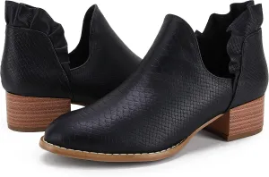 Fashare Womens Fall Cutout Booties Ankle Heels Low Stacked Ruffle Slip On Dress Short Boots Shoes