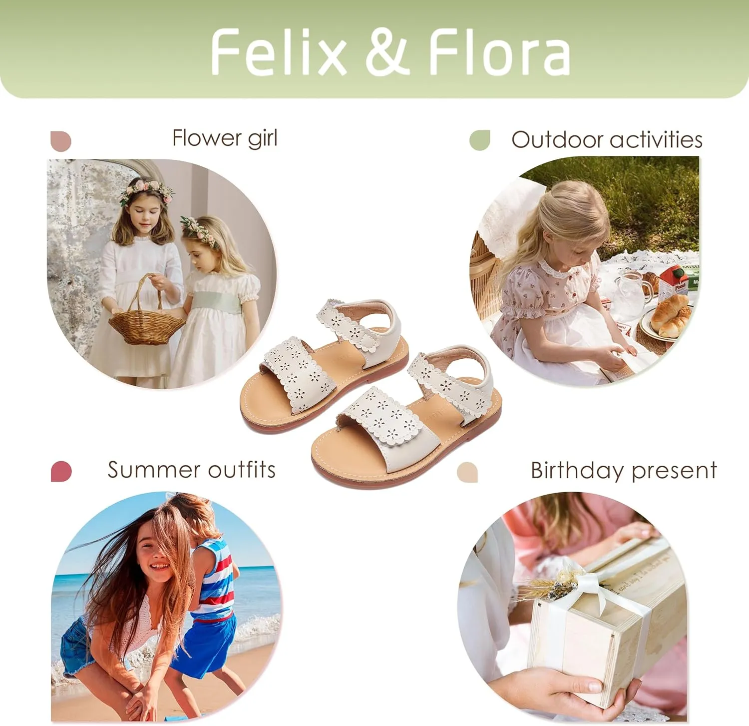 Felix & Flora Toddler Girl Sandals -Flower Girl Dress Shoes Open Toe Little Kid Summer Flats
