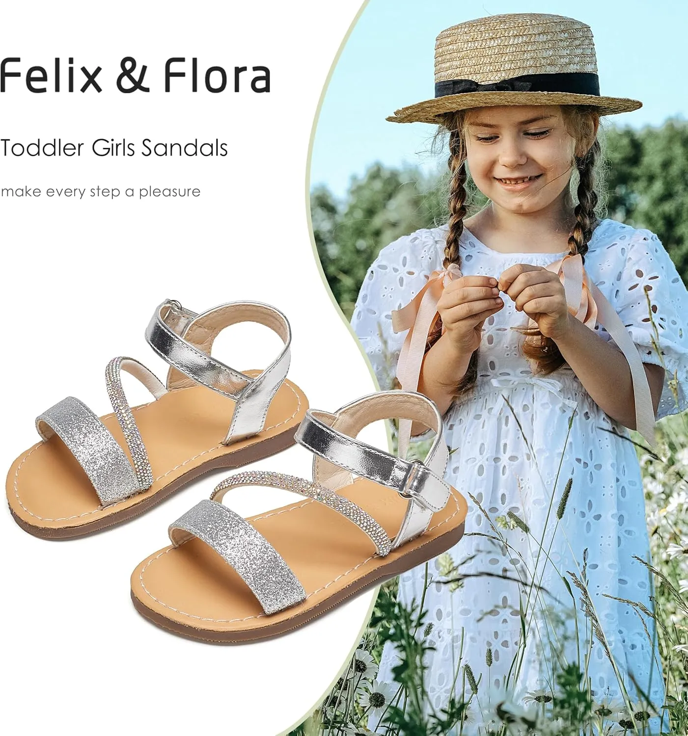 Felix & Flora Toddler Girl Sandals - Flower Girl Dress Shoes Open Toe Little Kid Summer Flats