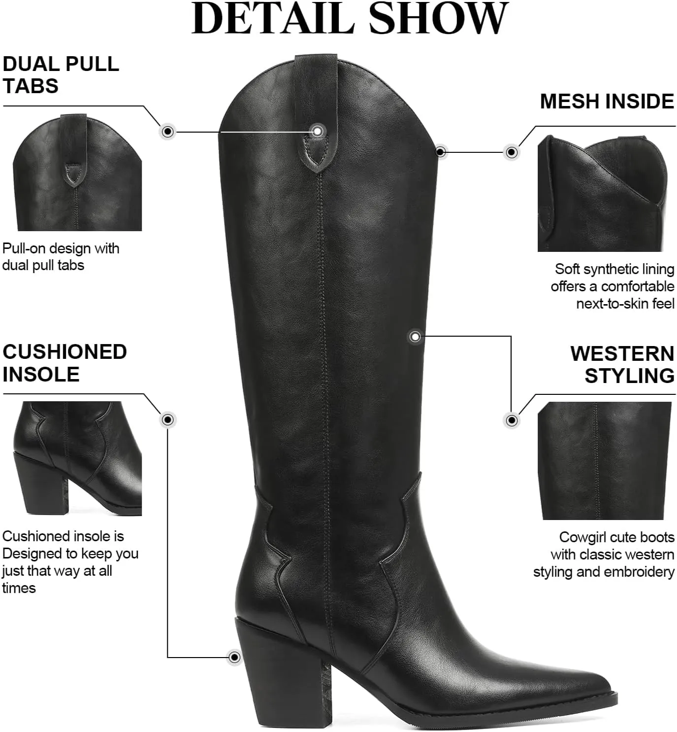 femflame Cowboy Boots for Women Pointed Toe Chunky Heel Knee High Boots Embroidered Western Boots