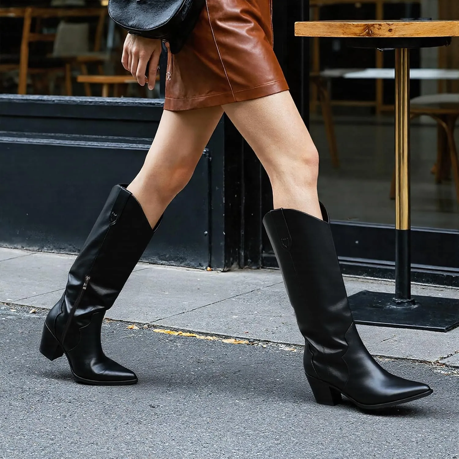 femflame Cowboy Boots for Women Pointed Toe Chunky Heel Knee High Boots Embroidered Western Boots