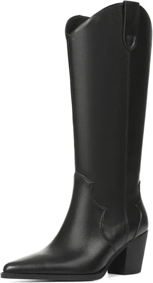 femflame Cowboy Boots for Women Pointed Toe Chunky Heel Knee High Boots Embroidered Western Boots