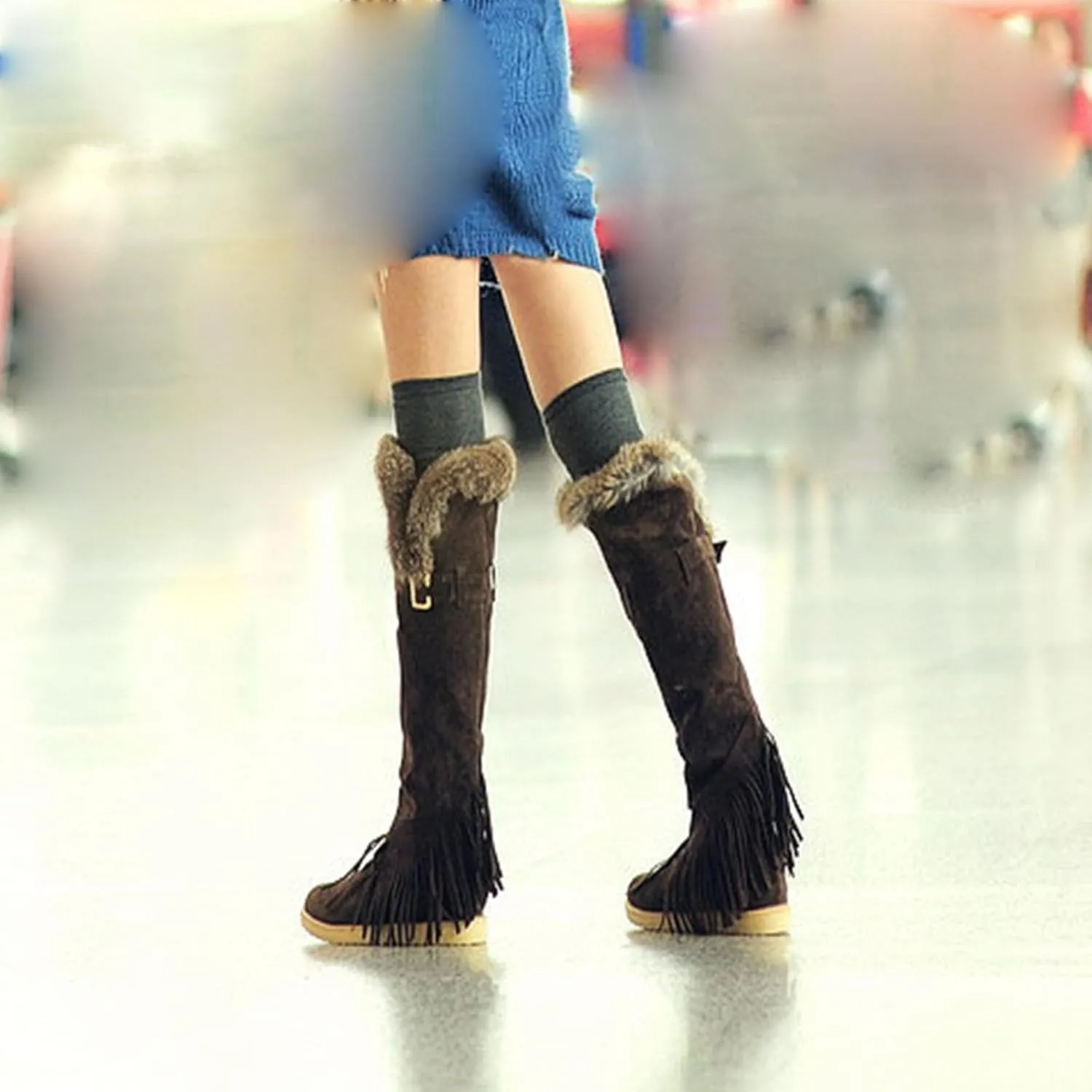Flat Heel Plush Over The Knee Boots, Round Toe Slip On Raw Edge Straight Boots Short Plush Lining Long Boots Women's Boots with Belt Buckle and Tassel Decoration