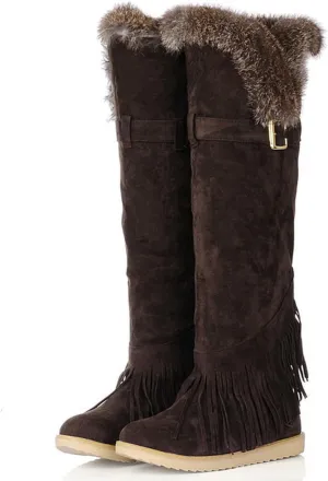 Flat Heel Plush Over The Knee Boots, Round Toe Slip On Raw Edge Straight Boots Short Plush Lining Long Boots Women's Boots with Belt Buckle and Tassel Decoration