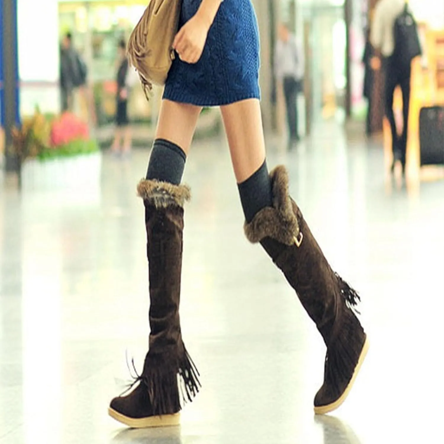 Flat Heel Plush Over The Knee Boots, Round Toe Slip On Raw Edge Straight Boots Short Plush Lining Long Boots Women's Boots with Belt Buckle and Tassel Decoration