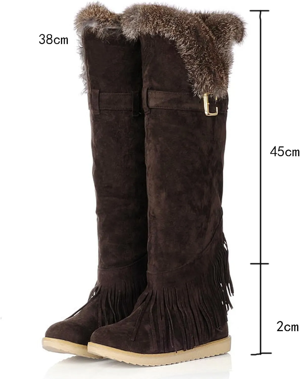 Flat Heel Plush Over The Knee Boots, Round Toe Slip On Raw Edge Straight Boots Short Plush Lining Long Boots Women's Boots with Belt Buckle and Tassel Decoration