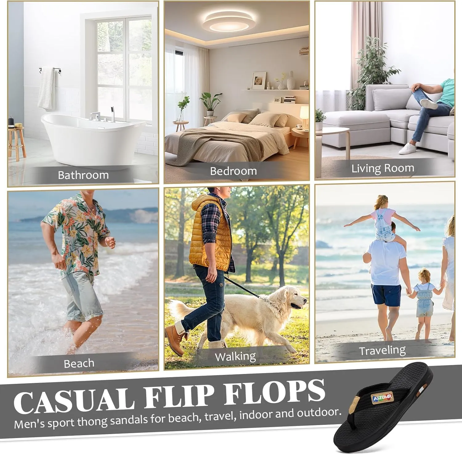 Flip Flops for Men Comfortable Open Toe Summer Beach Thong Sandals Indoor and Outdoor Cushion Slip on Water Resistant Slippers