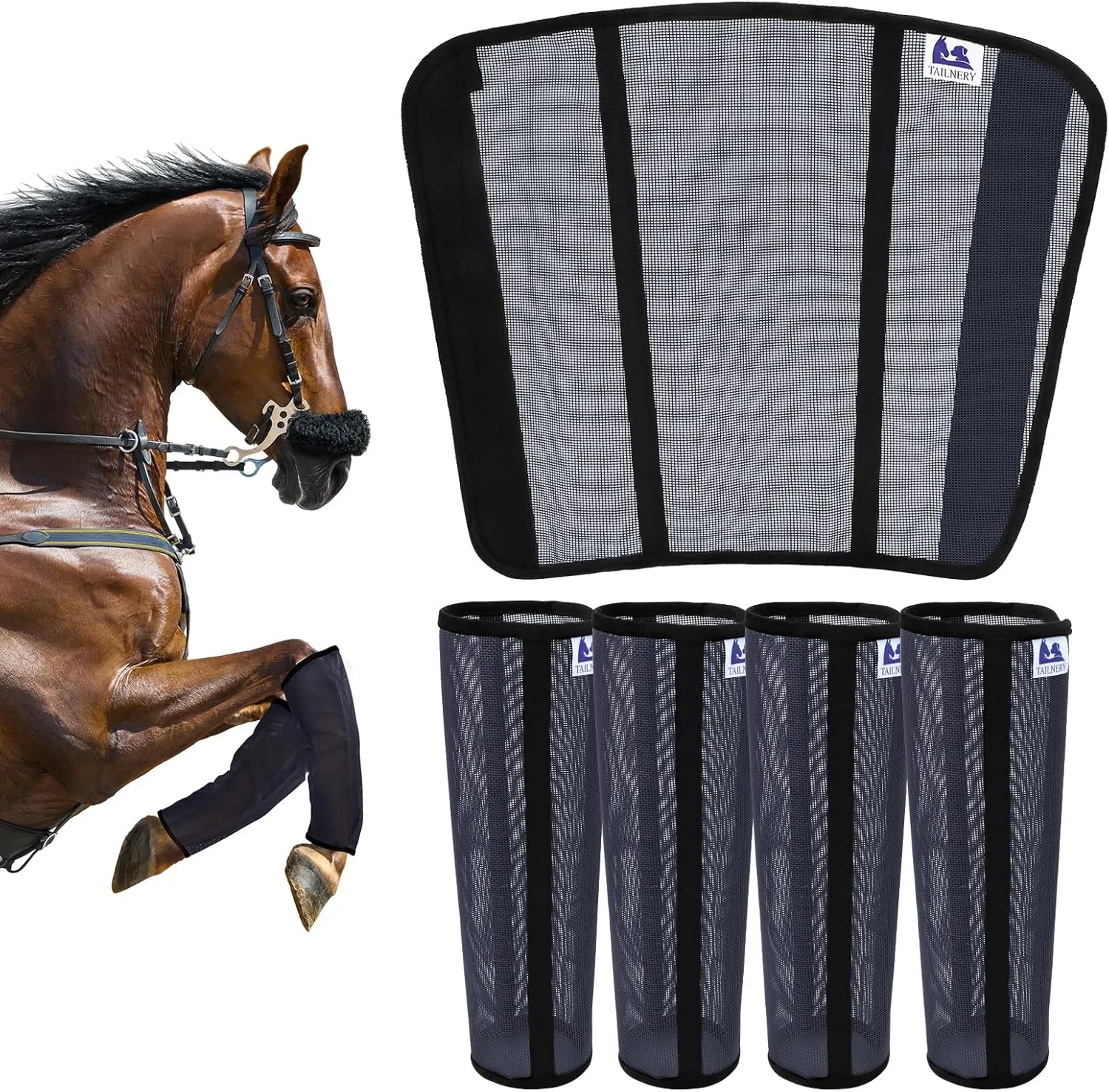 Fly Boots for Horses Set of 4 - Edge-Curved Design for Optimal Fit, Non-Sag Dual Stay System, Breathable Mesh for Comfort, Reduces Stomping & Fatigue (Medium to Large, Dark Blue)