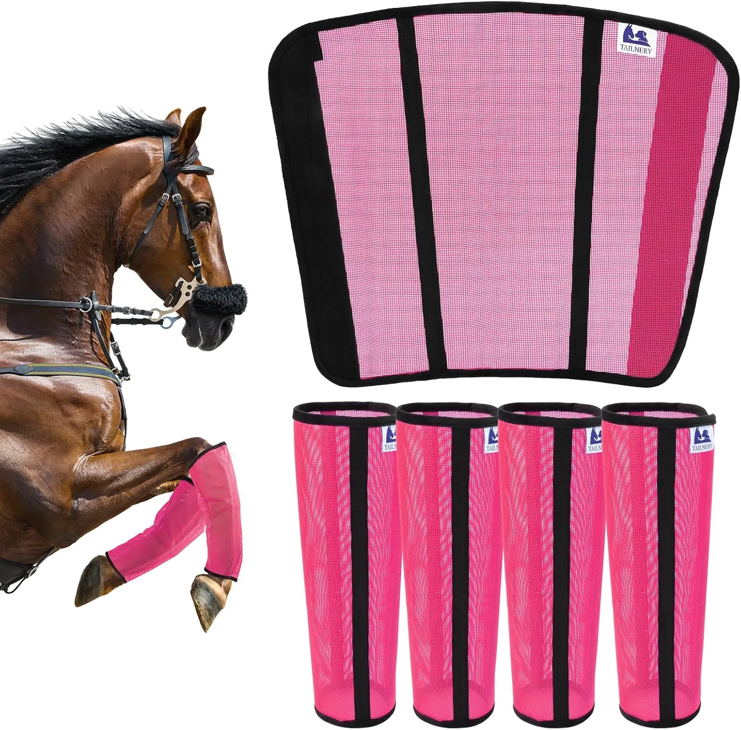 Fly Boots for Horses Set of 4 - Edge-Curved Design for Optimal Fit, Non-Sag Dual Stay System, Breathable Mesh for Comfort, Reduces Stomping & Fatigue (Medium to Large, Pink)