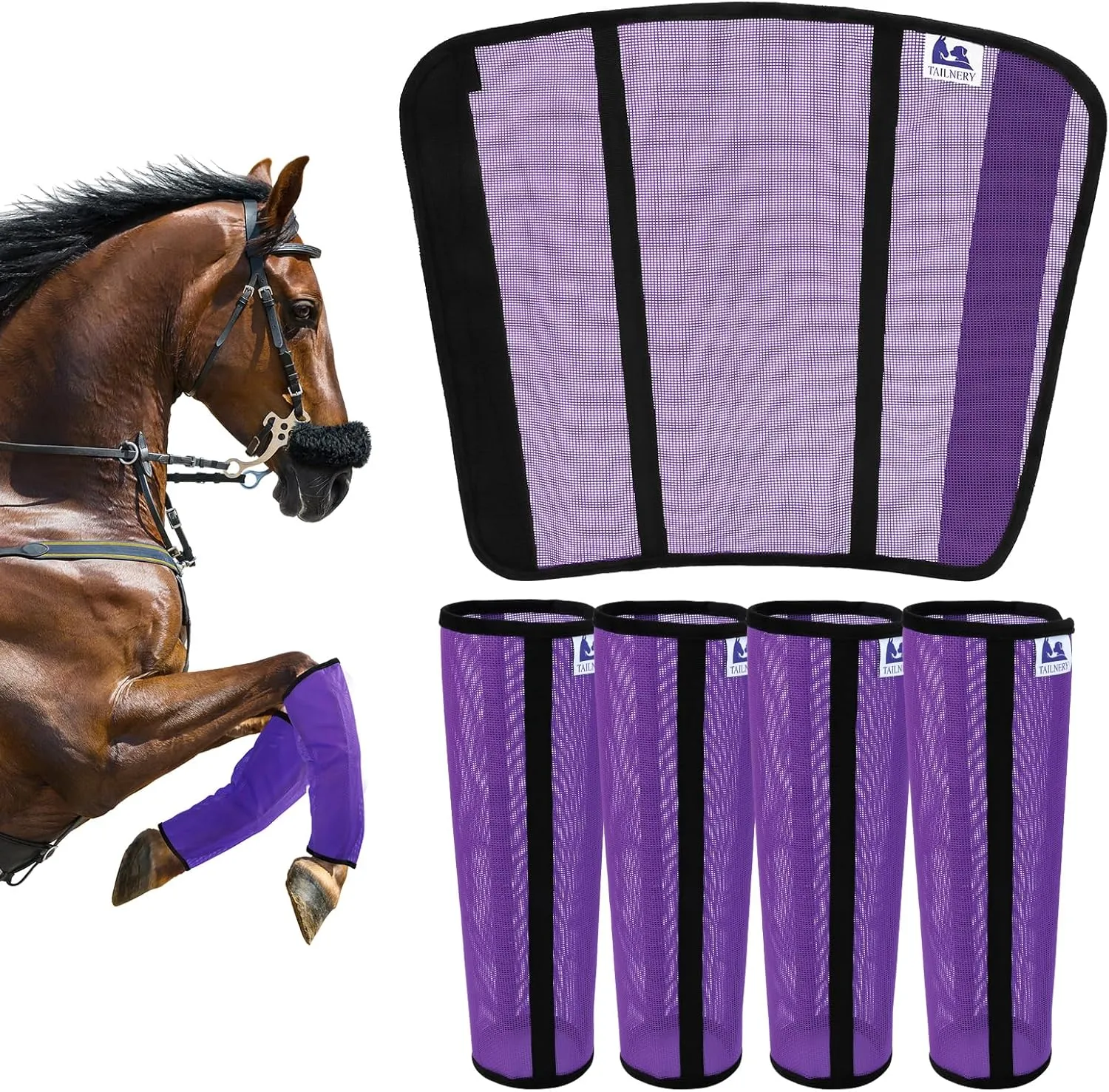 Fly Boots for Horses Set of 4 - Edge-Curved Design for Optimal Fit, Non-Sag Dual Stay System, Breathable Mesh for Comfort, Reduces Stomping & Fatigue (Medium to Large, Purple)