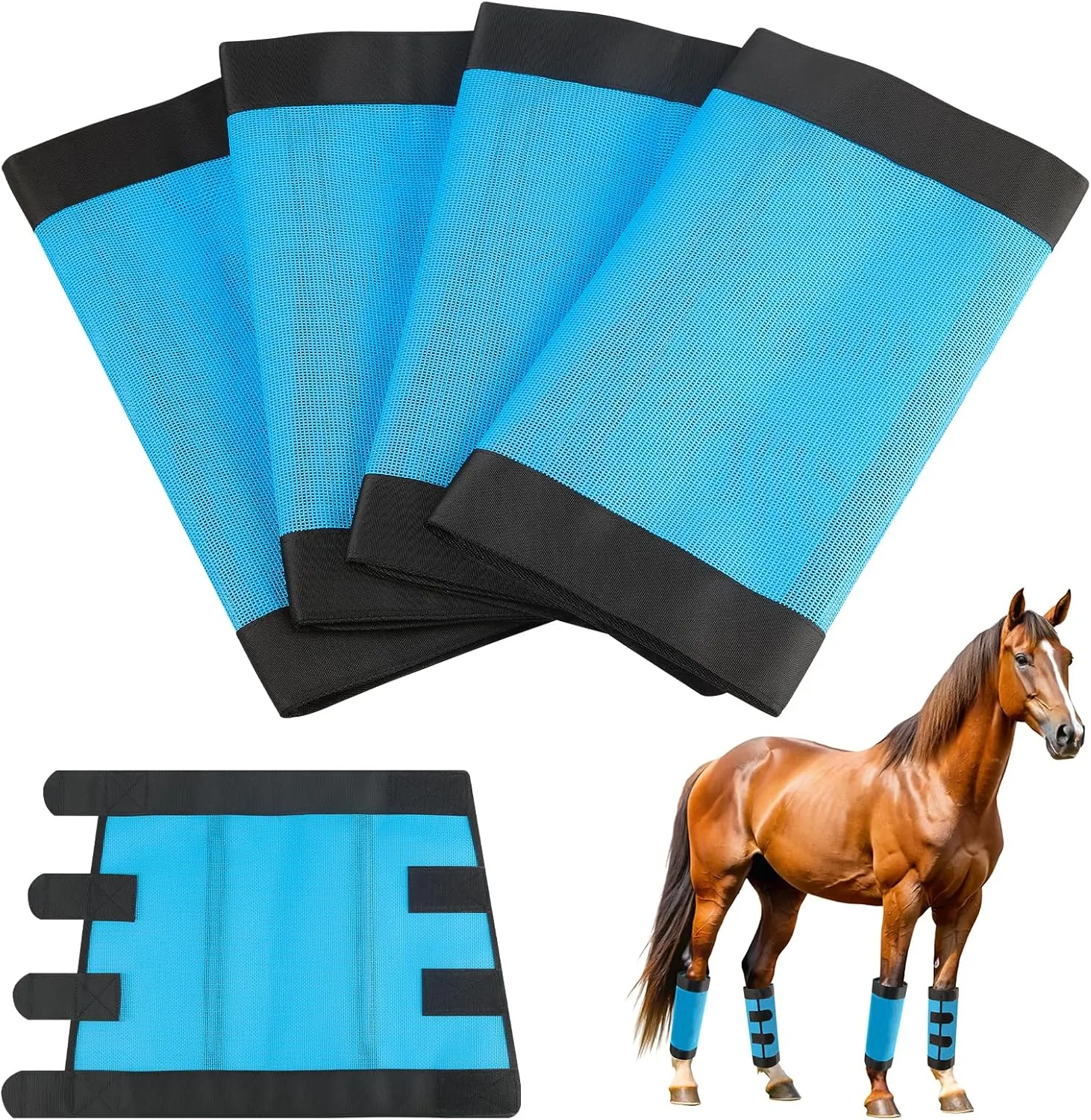 Fly Boots for Horses Set of 4 (Medium), Reinforced Webbing Resists Tearing, Loose Fitting Breathable Plastic Mesh Horse Leggings Wraps Adjustable, Protective Horse Leg Reduces Fly Bites & Stomping