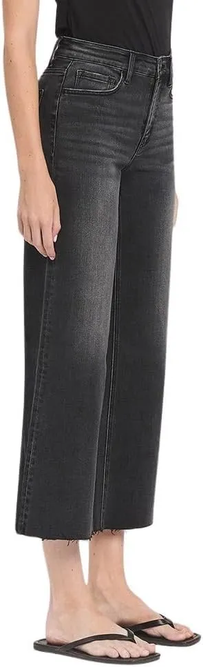 Flying Monkey Women's High-Rise Raw Hem Cropped Wide Leg Jeans
