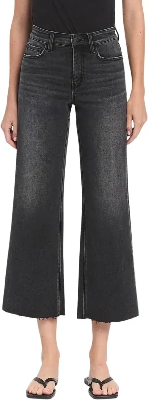 Flying Monkey Women's High-Rise Raw Hem Cropped Wide Leg Jeans