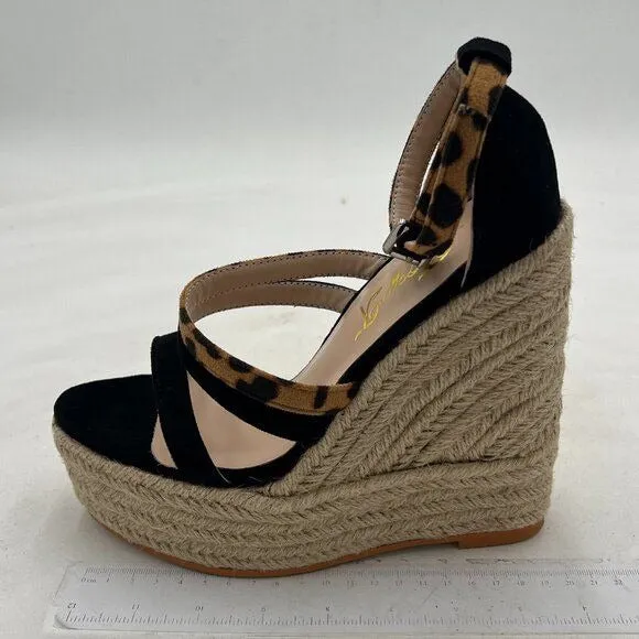 FOWT Leopard Strappy Women's Espadrilles Ankle Strap Wedges Sandals