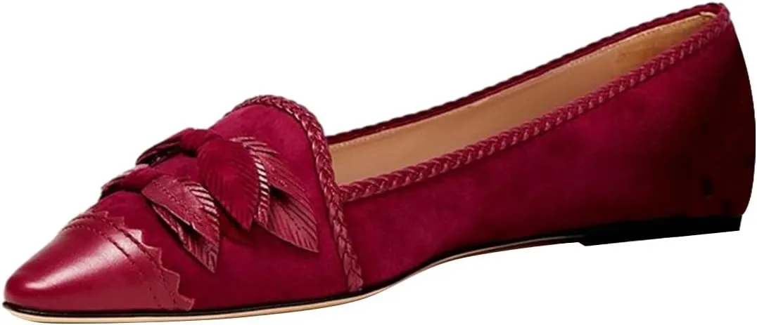 FOWT Women Pointed Cap Toe Pumps Double Leaf Bow Slip on Flats Stylish Braid Edge Office Formal Shoes Size 4-16 US