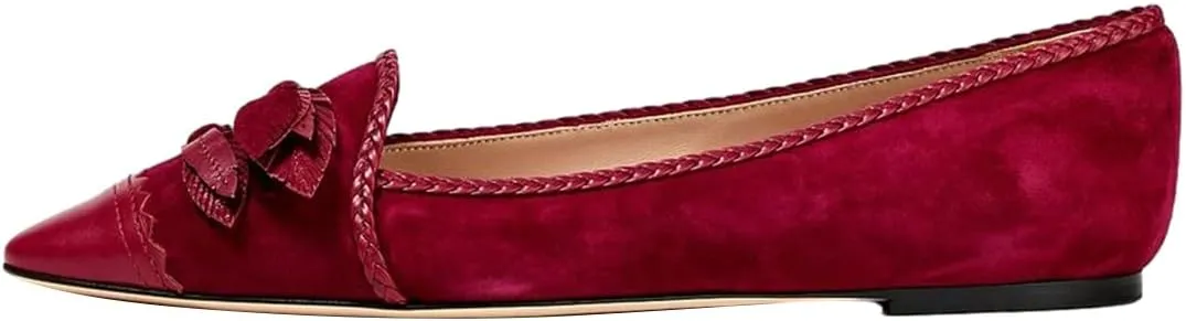 FOWT Women Pointed Cap Toe Pumps Double Leaf Bow Slip on Flats Stylish Braid Edge Office Formal Shoes Size 4-16 US