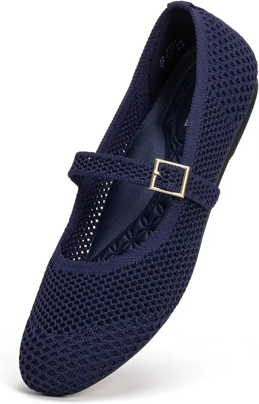 Frank Mully Women's Mary Jane Flats Comfortable Dressy Ballet Flats Casual Round Toe Slip On Washable Knitted Fabric Office Work Woman Shoes