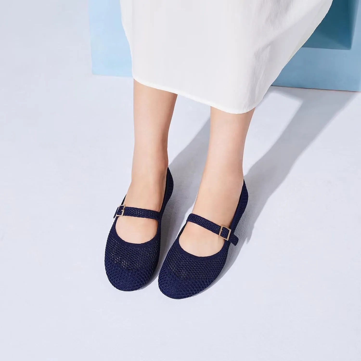 Frank Mully Women's Mary Jane Flats Comfortable Dressy Ballet Flats Casual Round Toe Slip On Washable Knitted Fabric Office Work Woman Shoes