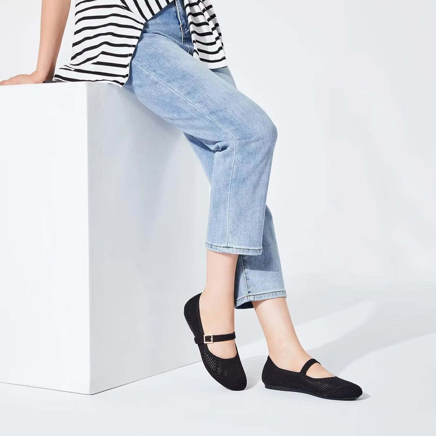 Frank Mully Women's Mary Jane Flats Comfortable Dressy Ballet Flats Casual Round Toe Slip On Washable Knitted Fabric Office Work Woman Shoes