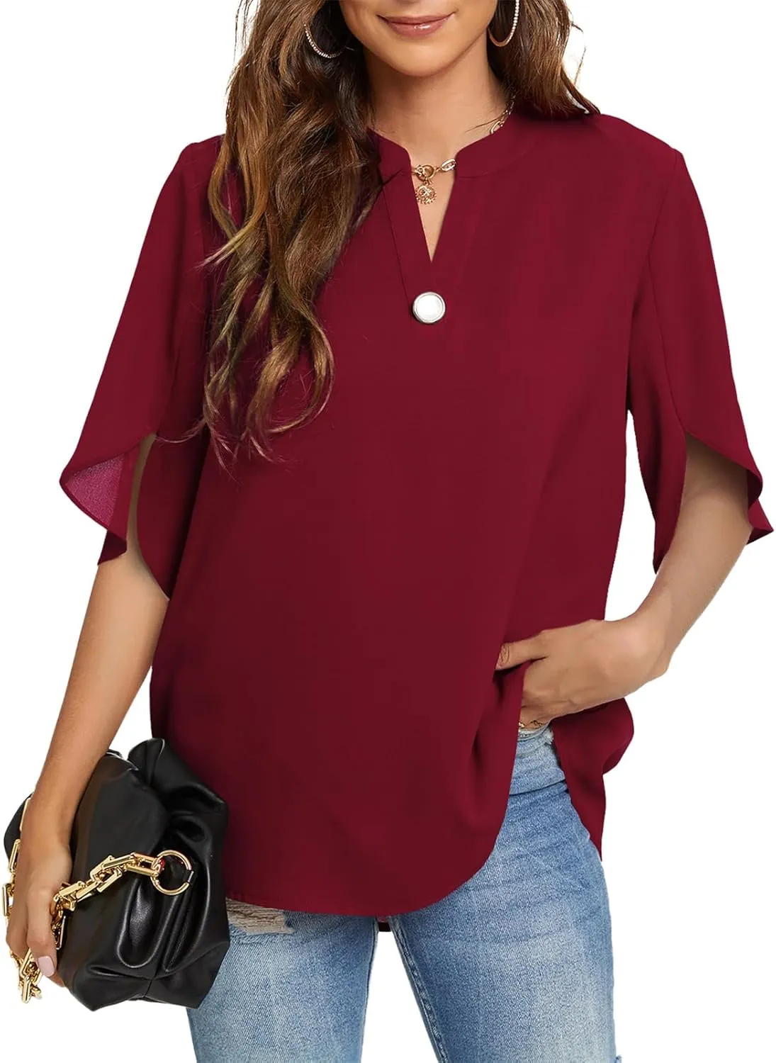 Funlingo Women's Summer Tops Short Sleeve Casual Shirts V Neck Chiffon Dressy Blouse Tops